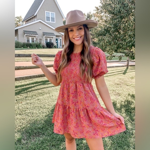 Wild Fable Pink Floral Fit & Flare Ruffle Puff Sleeve Tiered Smocked Dress XXL - Picture 14 of 15